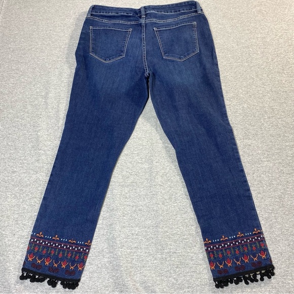 St Johns Bay Jeans Womens 12 Blue Skinny Boho Embroidered Hem Pom Mid Rise Denim - Picture 6 of 14